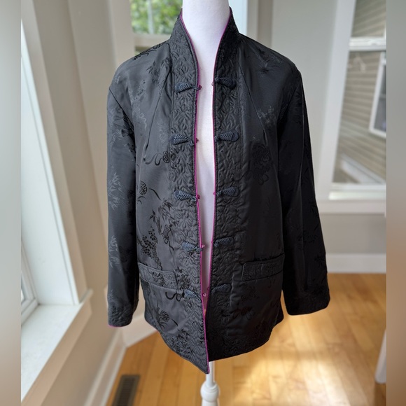 Vintage Purple Black Chinese Embroidered Silk Bed Jacket Handmade Reversible - Picture 16 of 16